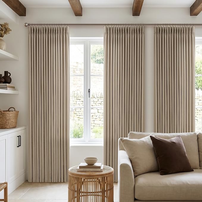 Pleated Linen Curtains 86 Inches Long Camel Tan Neutral Light Filtering Memory Training Linen Blend Drapes for Living Dining Room Grey Beige Modern Pinch Pleat Curtain with Hooks Rings 50x86