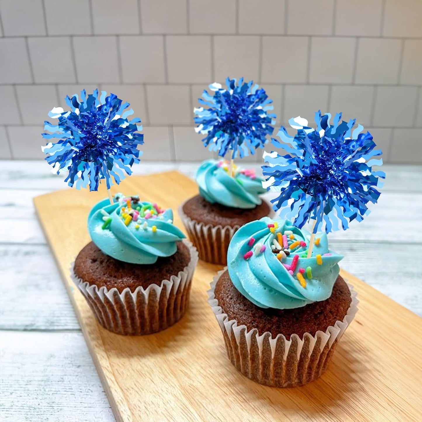 Ephlyn 30Pcs Foil Firework Cupcake Toppers Blue Tinsel Flower Drink Stirrers Cocktail Food Fruit Cake Toppers for Valentine's Day Party Decorations Blue