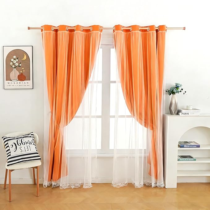 Orange Blackout Curtains 84 Inches Long - Double Layer Curtains,Sheer Voile with Light Block Panels Mix & Match Window Decor for Bedroom Dining Room, 52"x84", 2 PCs