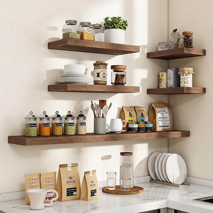 Acovy 32 Inch Floating Shelves, 3D Textured Wood Grain, 32"x9.25"x1.5" Inch Deep Floating Shelves for Wall, Wooden Shelves for Bathroom, Bedroom, Living Room, Walnut, 2 Pieces