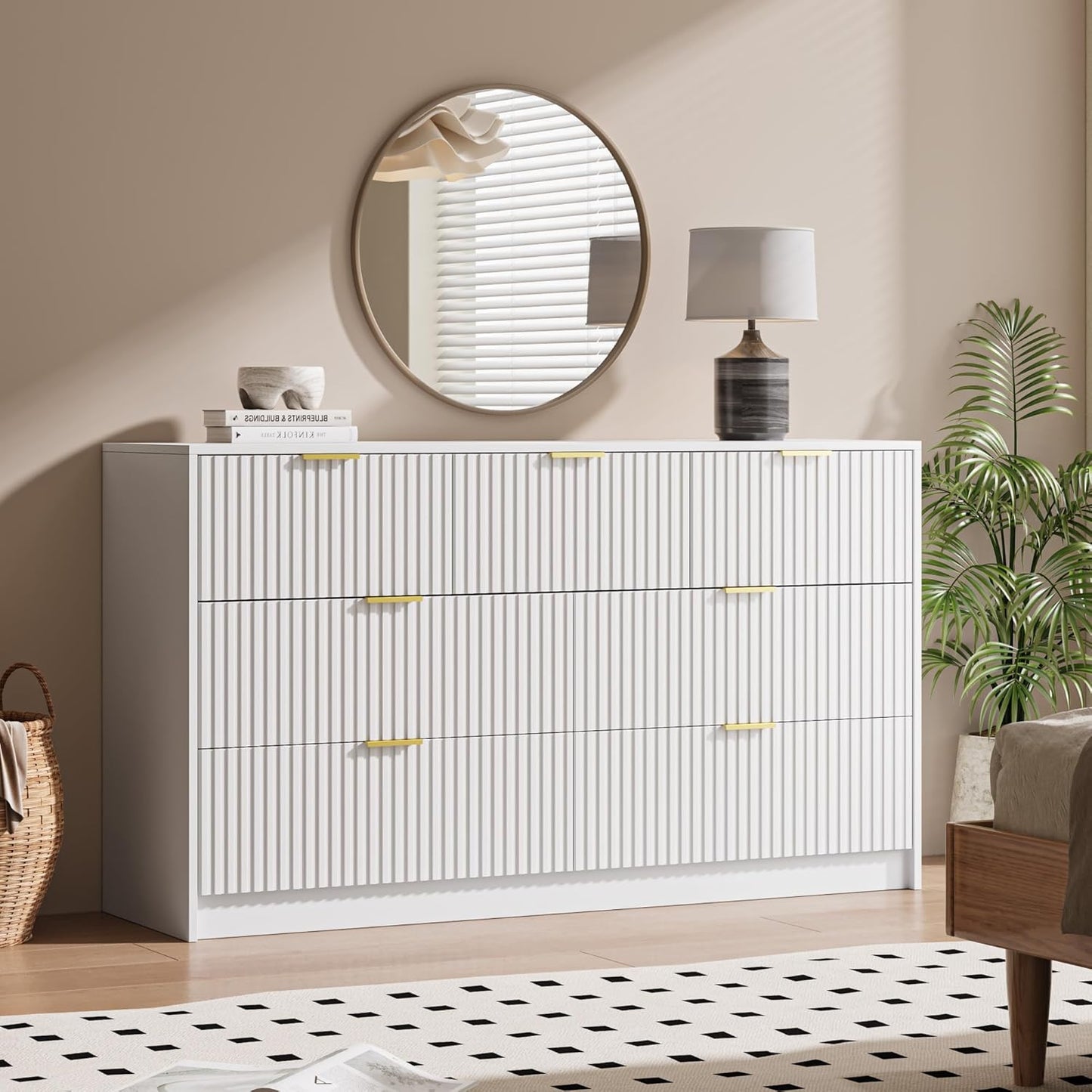 White 7 Drawer Dresser for Bedroom, Modern Fluted Dresser with Gold Metal Handles, Wide Chest of Drawers for Bedroom,Living Room, Entryway, Hallway, 55.9" L x 15.7" D x 31.4" H