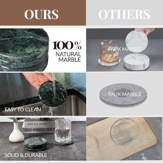 Koville Marble Coasters, Round Modern Coaster Set of 4 for Drinks, 4" Stone Coaster Heat Resistant, Decorative Marble Coasters for Coffee Table Home Bar Decor, Gift Choice(Verde Alpi)
