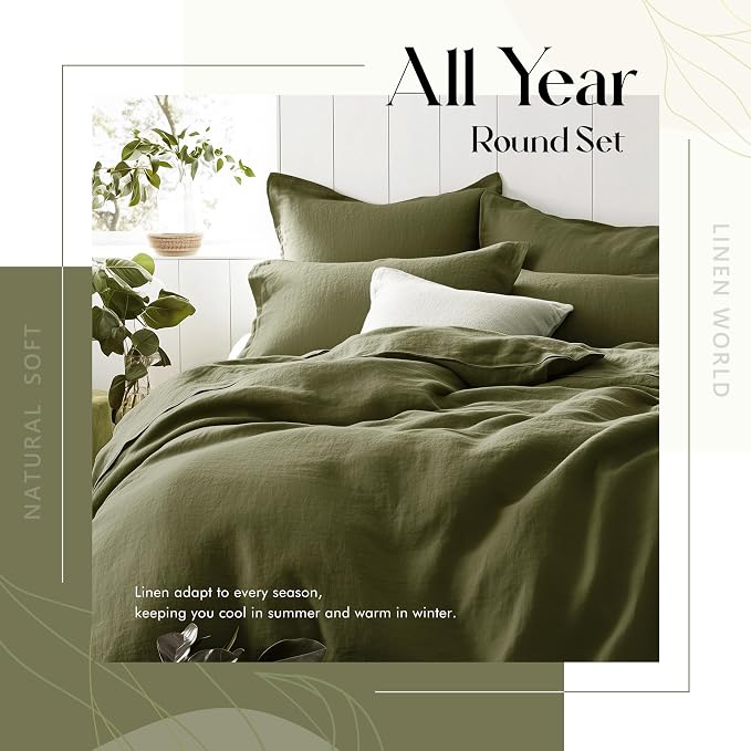 Linen Pillow Cases Set of 2,20"x40" King Size,100% French Natural Flax Soft Linen Pillowcases,Olive Branch