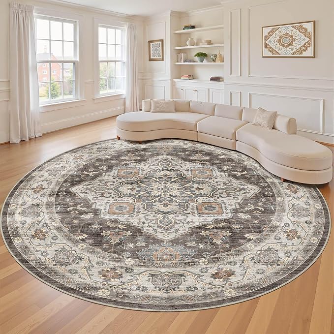 Round Rug Living Room Rugs: 8x8 Washable Boho Neutral Large Circle Soft Indoor Floral Stain Resistant Floor Farmhouse Carpet for Bedroom Nursery Kids Playroom Office Dining Room Dorm- Grey Brown