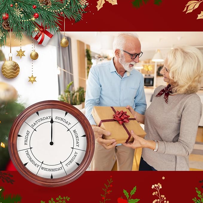 Day of The Week Clock 14Inch Retirement Wall Clock with Wood Frame Day Wall Clock for Men Women (Dark Reddish Brown)