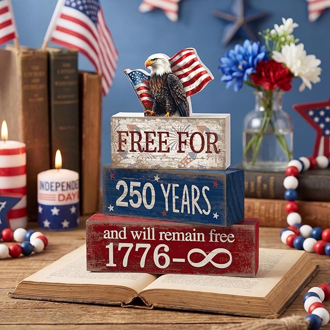 CroBlissful 4 Pcs 250th Anniversary 4th of July Decorations Patriotic Memorial Day Tabletop Decorations America Eagle Red White Blue Table Centerpieces USA Sign for Office Tiered Tray Home Shelf