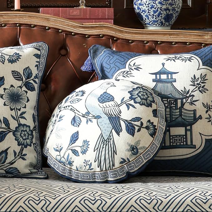 bilin gaier Round Linen Throw Pillow Cover,Set of 2,Diameter 16"-Suqing A | Designer Vintage Elegant Pillow Cover,Concealed Zipper,Blue Floral and Bird Pattern,Sofa,Bedroom,Living Room,Chairs