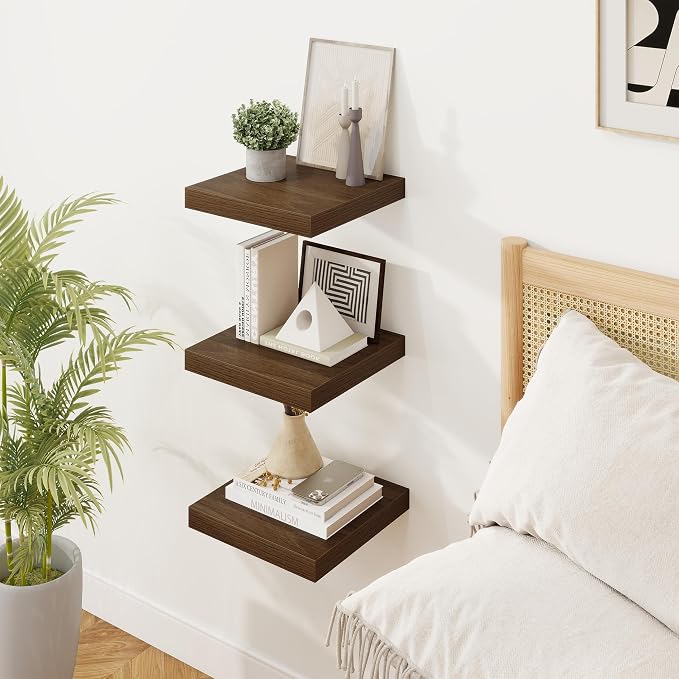 Marsmiles Square Floating Shelves for Wall, 12" W x 12" D x 1.5" H, 3 Pack Small Wall Mounted Engineered Wood Shelves with Invisible Brackets for Living Room, Bedroom, Bathroom, Kitchen Decor, Walnut