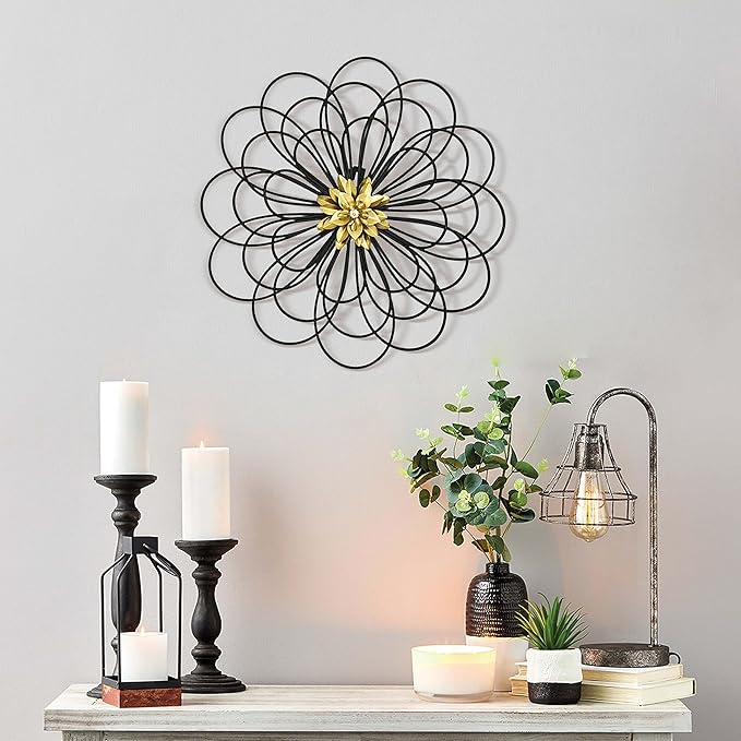 Remenna Metal Flowers Wall Decor, Metal Rustic Wall Art Decoration Farmhouse Wall Decorations Multiple Floral Hanging Decor for Bathroom Living Room Home Office Garden Kitchen (Black&Gold)