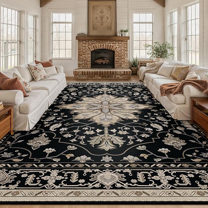 RELEANY Area Rugs 10'x12' Washable Non-Slip, Floral Vintage Distress Print Pattern Medallion Carpet for Living Room Bedroom Dining Room, Black Brown Neutral Dark Tan