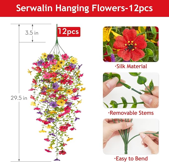 Serwalin 12PCS Artificial Hanging Flowers for Outdoors, UV Resistant Fake Hanging Plants, Realistic Weatherproof Outdoor Decor for Patio, Porch, Garden & Window (Spring Color,12PCS)