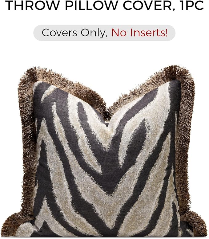 Designer Zebra Throw Pillow Cover with Brown Fringe, Luxury Zebra Pattern Jacquard Design Decorative Pillow Cover for Modern & Classic Home Decor,18x18 Inch (Single Pack)