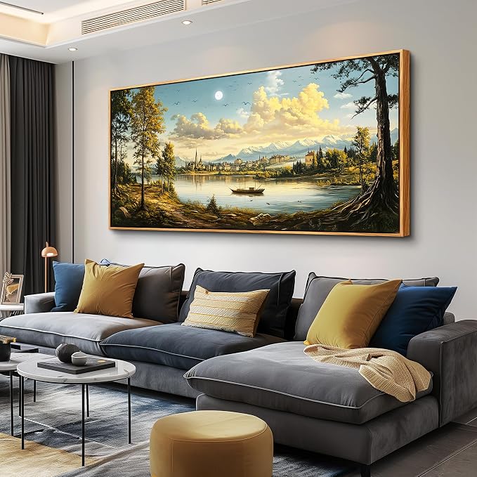 XIGUANGART Large Framed Wall Decor, Landscape Wall Art, Ocean Nature Wall Art, Riverside Farm Canvas Art Prints,Vintage Rustic Farmhouse Wall Decor Paintings for Living Room Bedroom Bathroom Kitchen