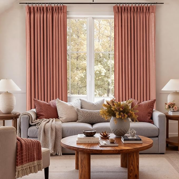 Terracotta Pinch Pleated Linen Curtains 120 Inch Length 2 Panels for Living Room Bedroom Textured Semi Sheer Drapes Pinch Pleat Rings Window Curtain 40x120