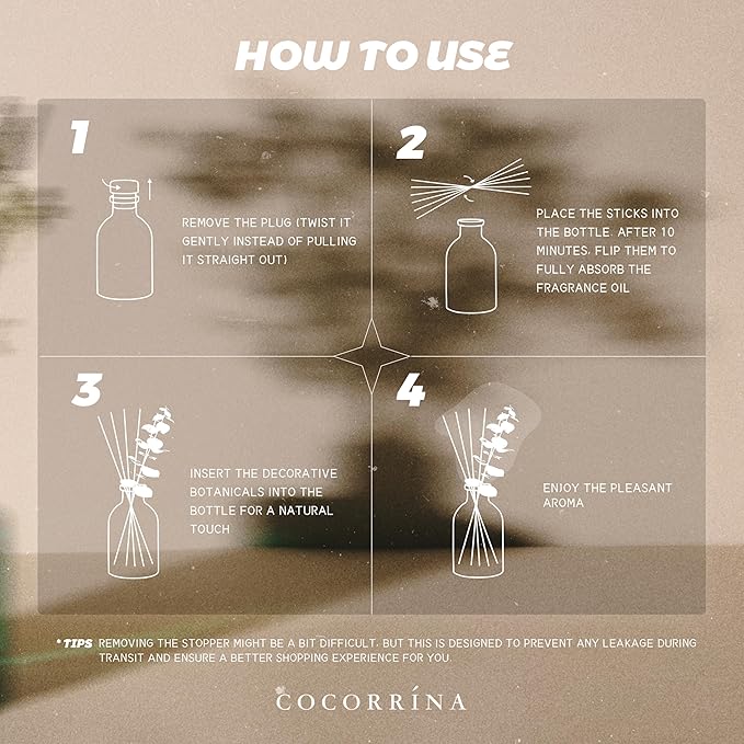 COCORRÍNA Mediterranean Citrus Reed Diffuser – 6.76 oz Essential Oil with 8 Reeds & Real Eucalyptus Sticks, Home Fragrance for Bedroom or Bathroom Décor