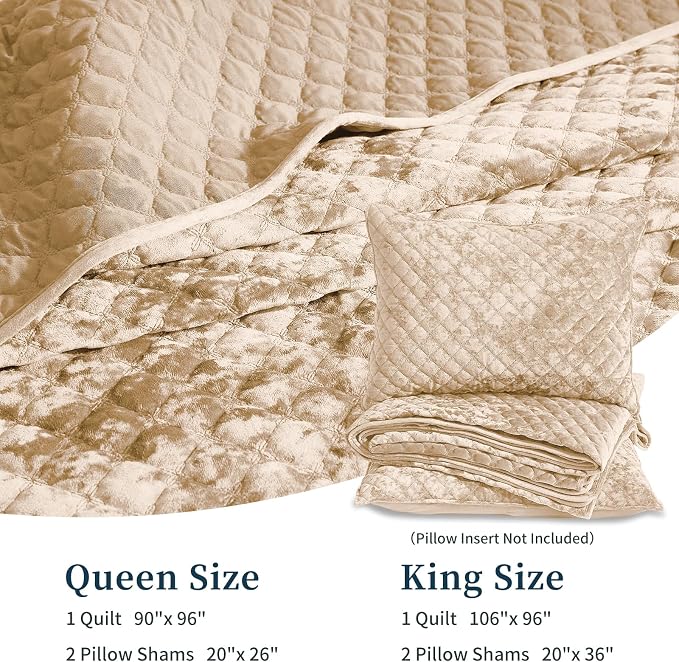 Luxury Soft Velvet Quilt Set King Size - Lightweight Velvet Bedding Set for All Season, Oversized Bedspread Coverlet Comforter Set with 2 Pillow Shams, Beige Brown, Diamond