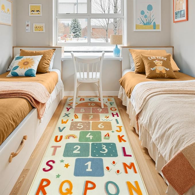STARUIA Washable Hopscotch Rug for Indoor Playroom, Colorful Educational Kids Rug with ABC Number, Non Slip Boy Girl Play Carpet for Kids Room Bedroom Nursery Daycare Classroom(Beige, 31.5''x72'')