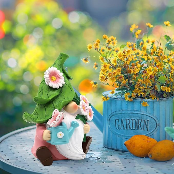 Spring Garden Gnome Figurine, 5.9in Resin Daisy Floral Gnome Decorations for Home Indoor Outdoor, Retirement Gifts for Women