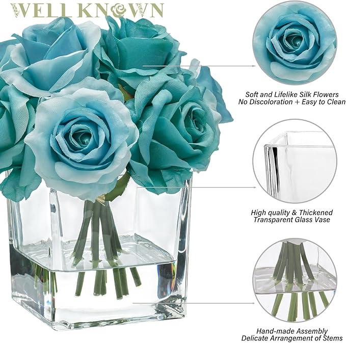 WELL KNOWN Rose Artificial Flowers in Vase with Faux Water, Silk Rose Table Centerpieces for Home Coffee Table Decor, Fake Roses Flower Arrangements for Office Hotel Lavatory Decor (Teal Blue)