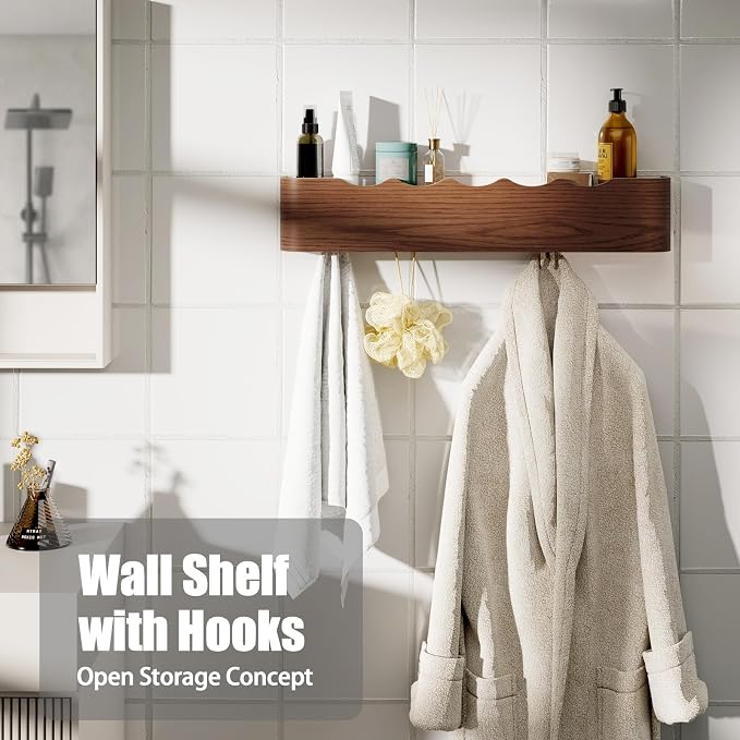 Coat Rack Wall Mount with Shelf 8 Hidden Hooks Modern Wooden Key Holder Entryway Organizer for Hallway Bedroom Bathroom Home Decor Storage for Hanging Coats Hats Bags Towels, Wave-Shape Walnut