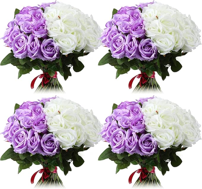 36 Pcs Silk Purple White Rose Bouquet Bridal Artificial Flowers,Fake Rose Long Stem Realistic Flowers Bulk for Wedding Bouquet Ball Arrangement Centerpiece Party Decor