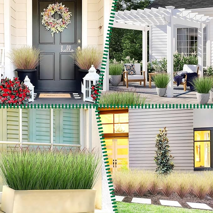 100Pcs Artificial Grass Plants Outdoor Faux Shrubs Wheat Grass Green Onion Grass Artificial Greenery Tall Stems for Indoor Outdoor Office Home Decor(Green Red Tail)