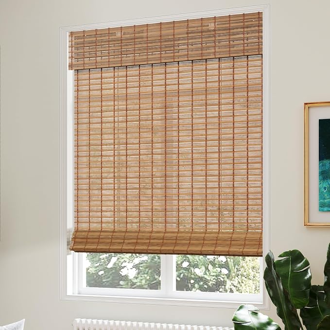 AGESISI Bamboo Roman Shades with Valance Cover, Cordless Blinds for Indoor Windows, Light Filtering Woven Wood Shades for Home & Patio, Privacy Protection, 31" W x 64" H, Carbonized