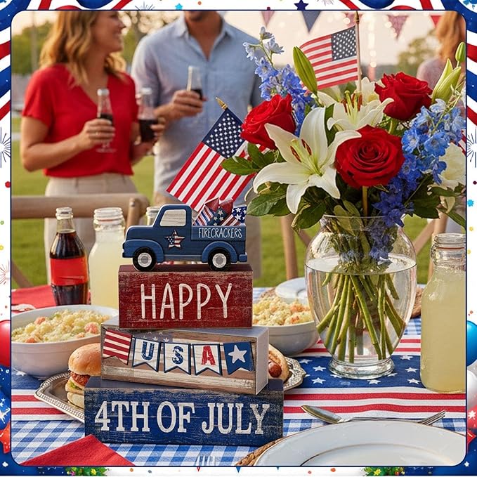CroBlissful 4 Pcs 4th of July Decorations Patriotic Memorial Day Tabletop Decorations Red White Blue Table Centerpieces Sign for Office Tiered Tray Home Shelf 250th Anniversary(Happy Usa)