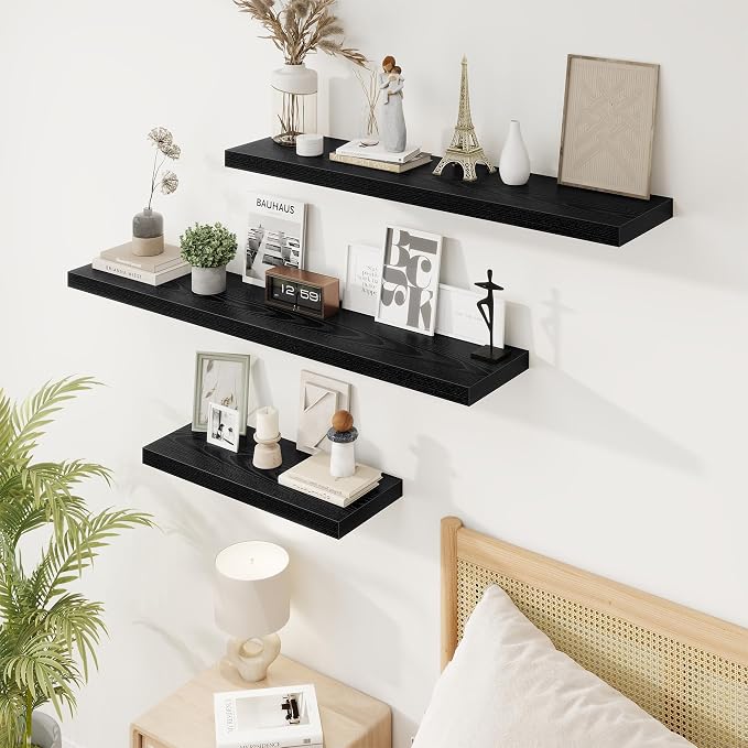 32in Floating Shelves for Wall, 32"W x 9.25"D x 1.25"H, 2 Pack Long Wall Mounted Engineered Wood Shelves with Invisible Brackets for Living Room, Bedroom, Bathroom, Kitchen Decor and Storage, Black