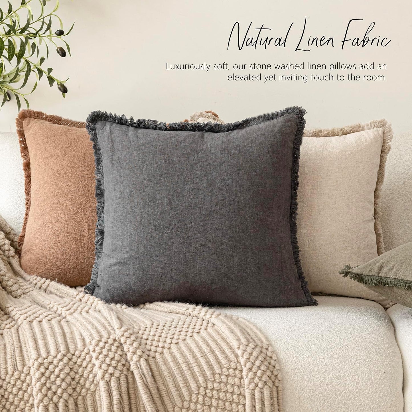 Foindtower Set of 2 Decorative Linen Fringe Throw Pillow Covers Cozy Boho Farmhouse Cushion Cover with Tassels Soft Accent Pillowcase for Couch Chair Sofa Bed Living Room Home Decor,18×18 Inch,Gray