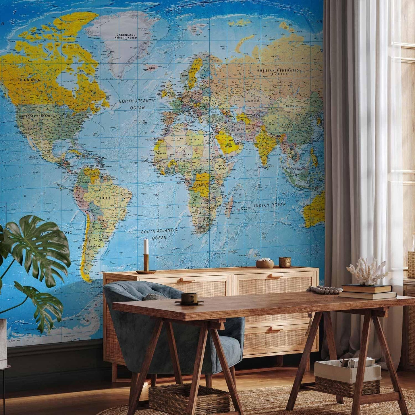 artgeist Premium Wall Mural World Map 98x69 in - XXL Non-Woven Wallpaper Fleece Wall Decor Photo Print Picture Image Design Home Map of The World k-A-0109-a-a