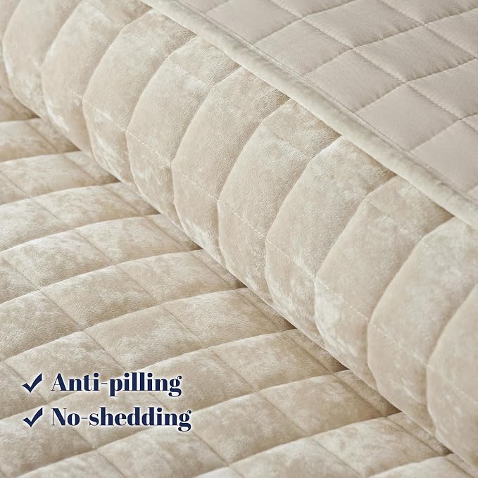PHF Luxurious Velvet Quilt Set King Size – 3PCS Super Soft Quilted Comforter Alternative with Square-Box Quilt Pattern, Warm Quilted Bedspread Coverlet, 108" x 92", Sand