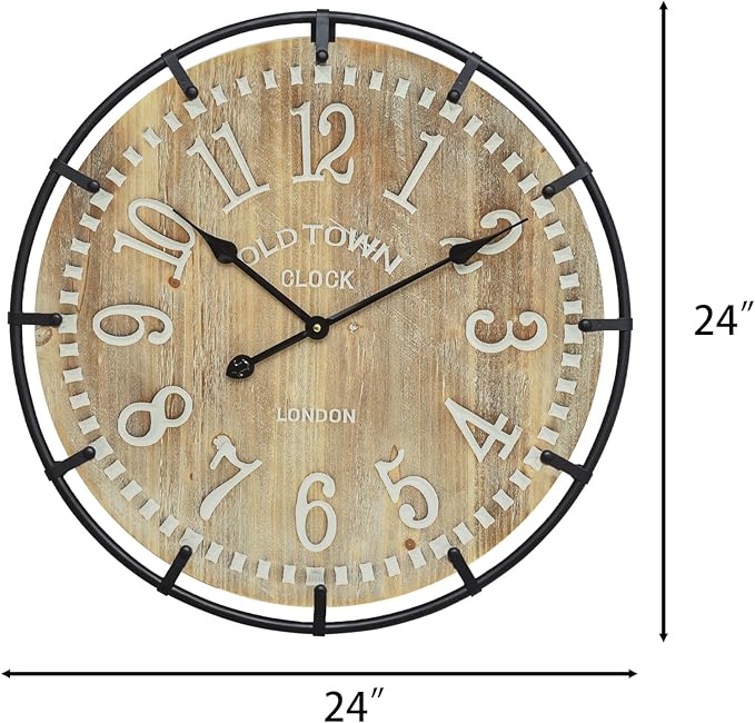 EMAX HOME 24 Inch Large Farmhouse Wall Clock - Rustic Antique Wood, Silent Battery Operated Clock for Office Kitchen Bedroom Living Room