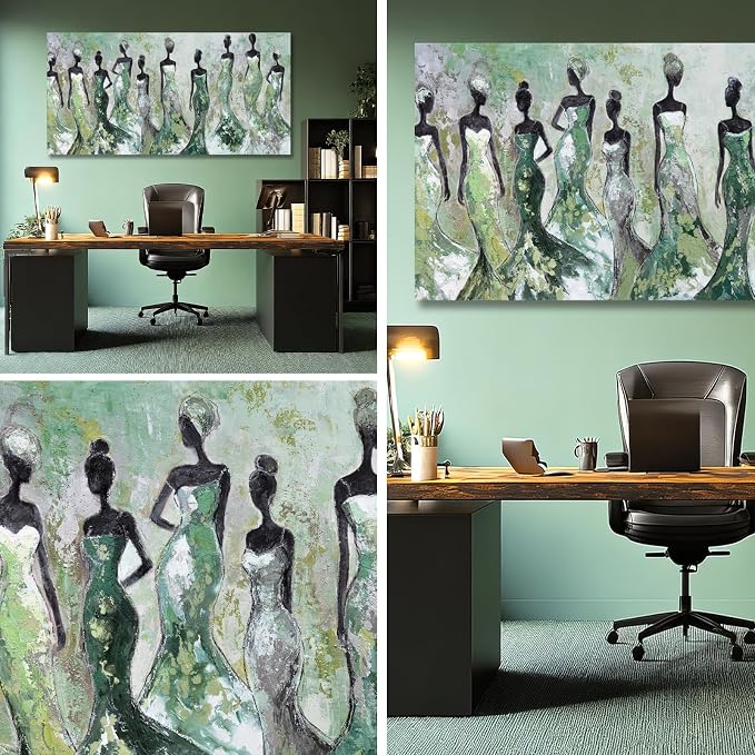 Dolidoteart Green Abstract Figure Wall Art, Black Modern Horizontal Canvas Print for Living Room, Bedroom, Dining Room or Office, Aesthetic Fashion Artwork, 24x48 Inch