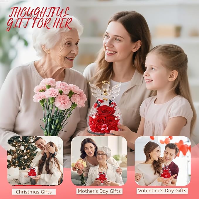 Bessol Gifts for Mom Birthday Flowers for Women Mothers Day Flowers for Delivery Preserved Roses Forever Flower in Glass Angel Figurines Fresh Eternal Rose for Grandma Wife Sister Daughter Friends