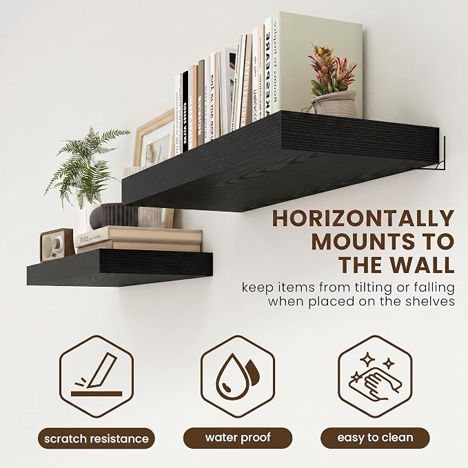FLYJOE 32 Inch Floating Shelves, 12 Inch Deep Floating Shelves Set of 2, 32''W x 12''D Black Wood Shelves for Wall, Bathroom Available, Engineered Wood, Mounting Hardware Included