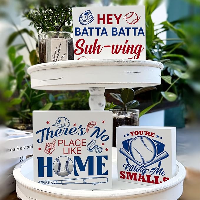 Baseball Decor for Home Baseball Sports Tiered Tray Decor 3 Pcs Decorative Wood Box Signs Rustic Table Desk Shelf Decoration for Bedroom Boys Room Party