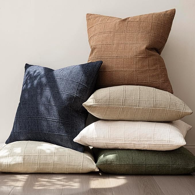 Foindtower Set of 2 Decorative Linen Check Throw Pillow Covers Neutral Farmhouse Vintage Cushion Covers Modern Boho Home Decor for Sofa Chair Couch Bedroom Living Room,24×24 Inch,Navy Blue