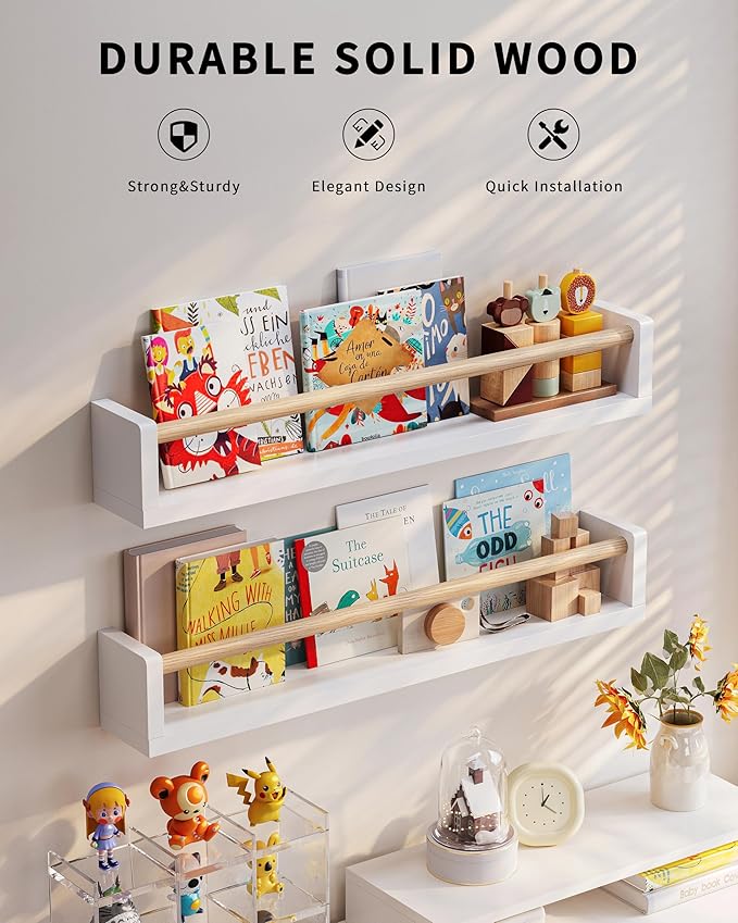 Seocry Nursery Book Shelves, 4 Pack, Wall Book Shelves for Kids Room, Baby, Toddler, Nursery Decor (White Wood, 23 Inches)