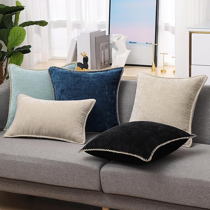 decorUhome Chenille Soft Cozy Throw Pillow Covers 20x20 Set of 2, Modern Farmhouse Boho Velvet Decorative Pillow Cases with Stitched Edge for Couch Sofa Bed Home Decor, Poseidon