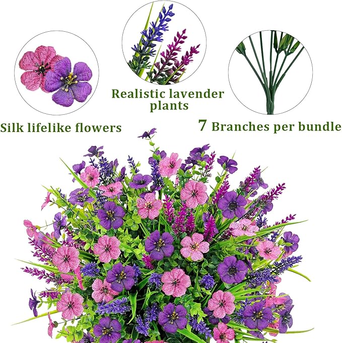 12 Bundles Artificial Flowers Outdoor Silk Fake Plants UV Resistant Faux Plastic Greenery Shrubs for Home Outside Garden Front Porch Window Box Pot Planters Decor (Double Purple)
