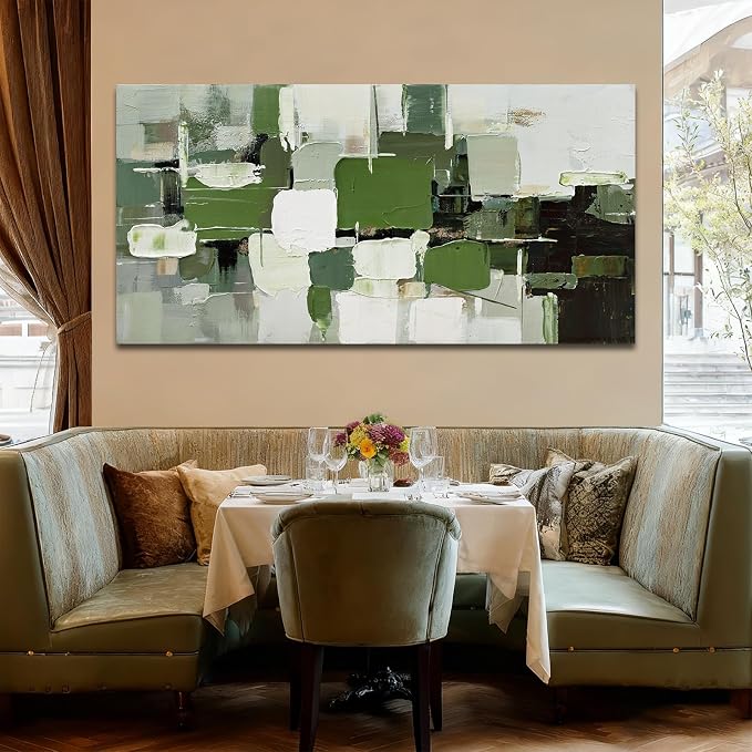 ZUNARE Abstract Geometric Wall Art Green White Black and Gray Canvas Painting, Layered Color Block Modern Artwork for Living Room Bedroom Kitchen Office Wall Decor 24"x48"