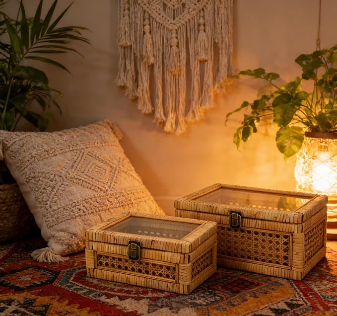 HUAXIN CRAFT H Rattan Square Box with Lid - Set of 2 Wicker Decorative Storage with Glass Cover for Display