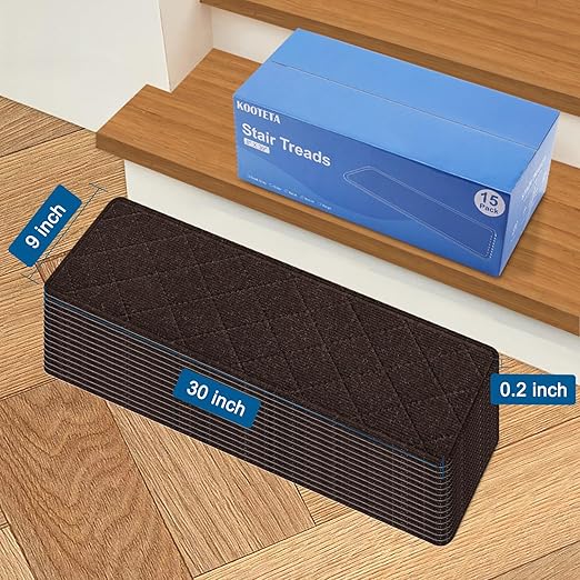 Stair Treads for Wooden Steps, 15 Pack 9" X 30" Non Slip Carpet Stair Treads Indoor with Reusable Adhesive for Kids Elders and Dogs, Surface Polyester TPR Backing Stair Runner Rugs, Brown