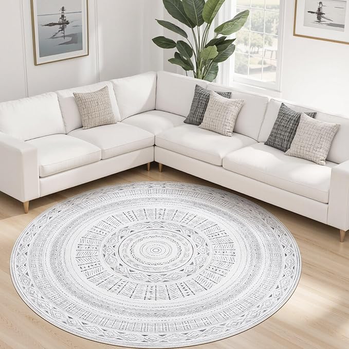 cotiled 6x6 Round Area Rug Living Room: Washable Boho Rugs with Non Slip Backing Large Soft Indoor Stain Resistant Carpet for Bedroom Farmhouse Dining Room Lightweight Home Decor Dark Grey