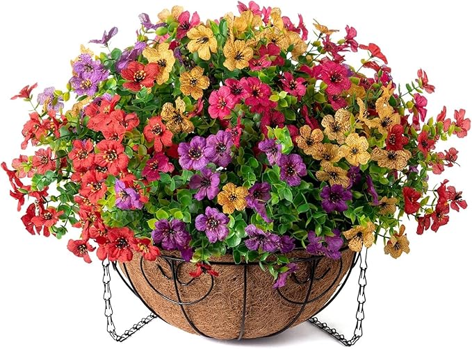 HyeFlora 2 Set Artificial Outdoor Flowers Hanging Basket, Faux Hanging Plants for Outside Spring Decoration, Fake Silk UV Resistant Look Real Daisy for Porch Patio Home Decor