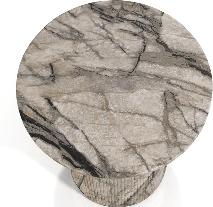 24/7 Shop at Home Ranera Modern 17-inch Natural Stone Side Table with Round Pedestal Base, Marble Nightstand, Fluted Patio End Table, for Living Room, Covered Outdoor Spaces, Ivory Gray Marble