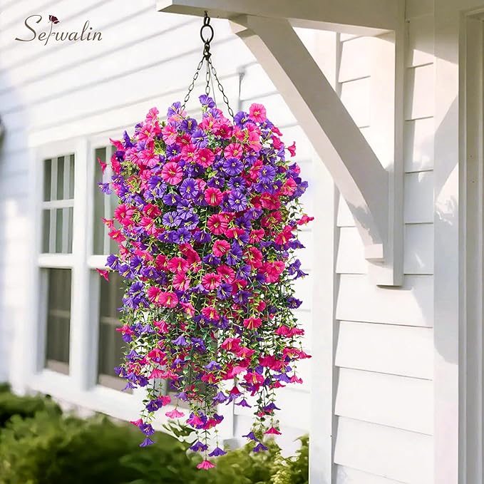 Serwalin Artificial Hanging Flowers for Outdoors Decoration, 4PCS UV Resistant Silk Artificial Fake Plants Outdoor for Porch Patio Balcony Indoor Planter Yard Decor (Purple&Rose Pink,4PCS)
