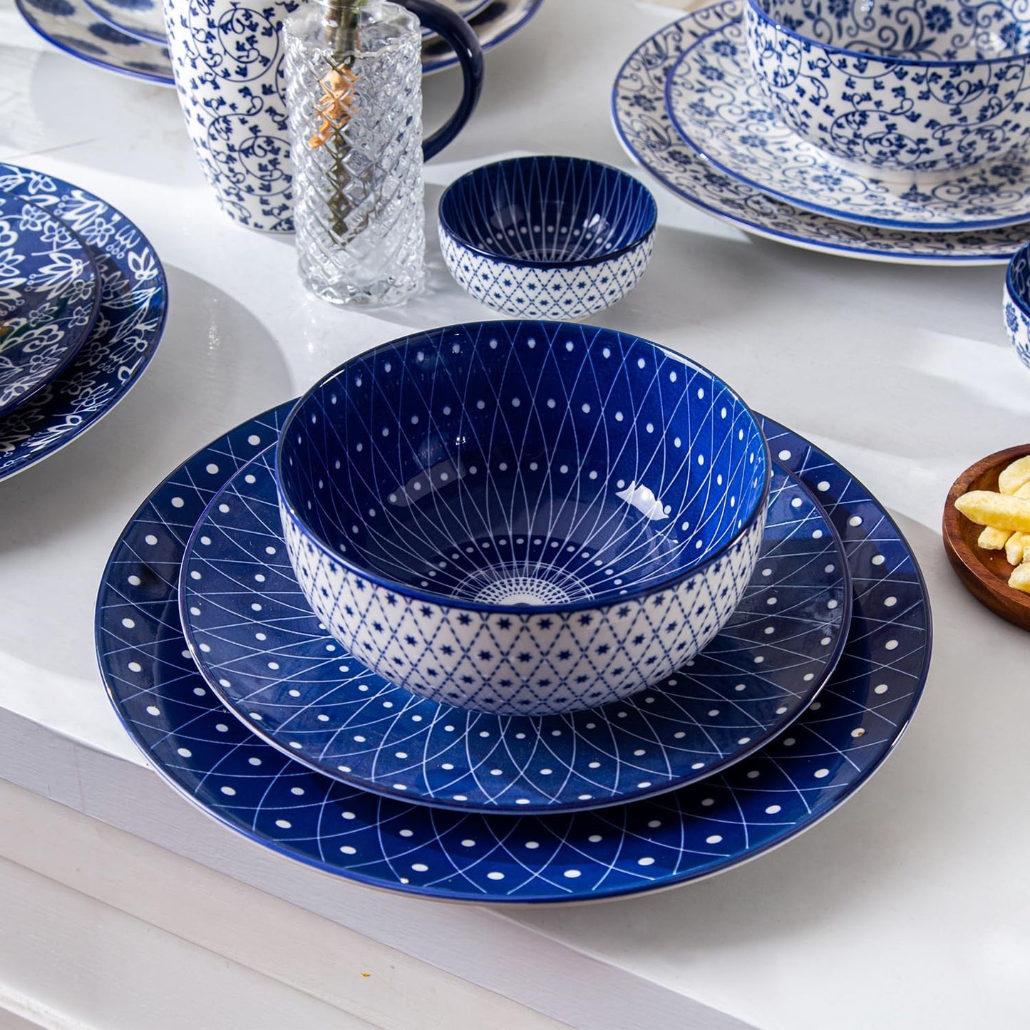 Ceramic Soup Bowls Set - 23 Oz Deep Cereal Bowl for kitchen - 6 Inch Porcelain Salad Bowl for Pasta, Dessert, Ramen - Microwave Dishwasher Safe - Set of 6 - Vintage Blue