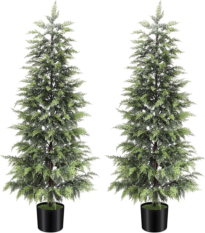 ENVEN Outdoor Artificial Topiary Cedar Tree Real Touch Faux Pine Evergreen Shrub Plant UV Resistant Greenery Tree with Pot Realistic Cypress Front Porch Decor (5FT-2Pack)